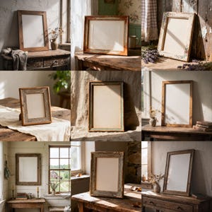 May include: A collection of rustic wooden picture frames with various finishes. The frames are displayed on antique tables and surfaces, with natural light illuminating the details. Some frames have visible aged wood textures.