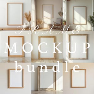 May include: A collection of wooden picture frames with white matting, displayed in various settings. The frames are in different styles and sizes, with the text "FRAMES MOCKUP bundle" overlaid on the image.