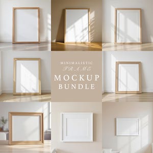 May include: A collection of rectangular picture frames with white matting and wooden or white frames. The frames are displayed in various settings, including leaning against walls and on floors, with natural light and shadows.