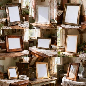 May include: A collection of framed pictures with various ornate and simple wooden frames. The frames are in different colors, including brown, gold, and white. The frames are displayed on tables with floral tablecloths, creating a vintage aesthetic.