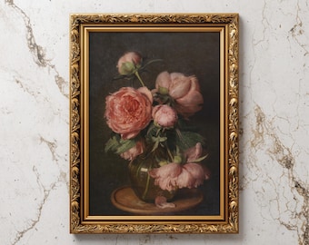 May include: A framed floral still life painting featuring a bouquet of pink peonies in a glass vase. The painting has a dark background and is set in a gold ornate frame. The flowers are in various stages of bloom.