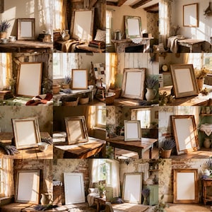 May include: A collection of rustic wooden picture frames with various distressed finishes. The frames are displayed in a cozy, vintage-inspired setting, with soft lighting and decorative elements like lavender and antique furniture.