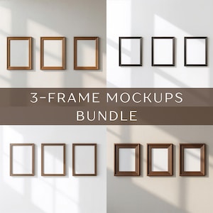 May include: A collection of empty picture frames in various styles, including dark brown, light brown, and black. The frames are arranged on a white wall, with the text "3-FRAME MOCKUPS BUNDLE" displayed in the center.