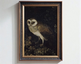 May include: A framed painting of a barn owl. The owl has a white face and chest, with brown and tan feathers. The painting is set against a dark background with foliage. The frame is dark brown with gold accents.