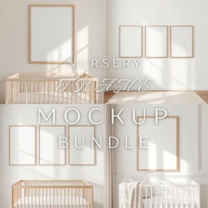 May include: A mockup bundle featuring several wooden-framed blank art prints in a nursery setting. The image includes cribs, and the text "NURSERY FRAME MOCKUP BUNDLE". The frames are rectangular and have a light wood finish.