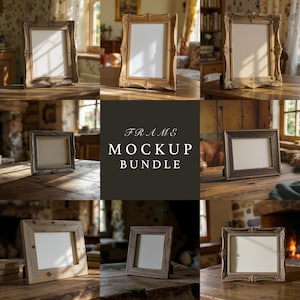 May include: A collection of picture frames in various styles, including ornate gold, rustic wood, and dark brown frames. The frames are displayed on wooden surfaces, with the text "FRAME MOCKUP BUNDLE" in the center. The frames are empty, ready for photos or artwork.