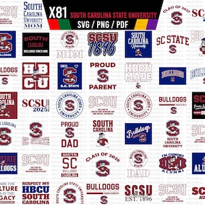 May include: A collection of SVG, PNG, and PDF graphics featuring various designs related to South Carolina State University. Designs include the university logo, the word "Bulldogs," and phrases like "Alumni" and "Proud Dad."