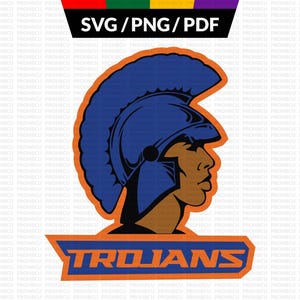 May include: A graphic of a Trojan warrior's head in profile, wearing a blue helmet. The warrior has brown skin. The word "TROJANS" is in orange and blue below the head. The top of the image has the text "SVG/PNG/PDF".