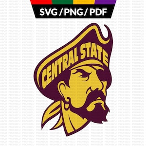 May include: A maroon and gold pirate logo with the text "CENTRAL STATE" in a curved banner. The pirate has a gold hat, eye patch, and beard. The top of the image has the text "SVG/PNG/PDF" with a color bar.