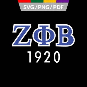 May include: Black background with the letters Z, Φ, and B in blue with white outlines, and the number 1920 in white. The text "SVG/PNG/PDF" is at the top in a banner with red, green, yellow, and purple colors.