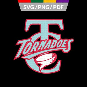 May include: A black graphic design featuring the text "Tornadoes" in red and light blue, with a stylized tornado graphic. The text "SVG/PNG/PDF" is at the top. This design is suitable for sports-themed merchandise.