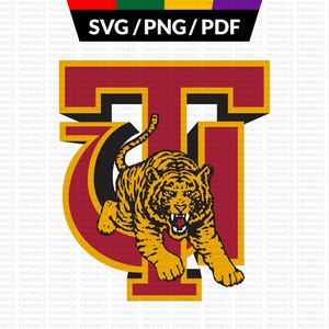 May include: A graphic design featuring a tiger leaping through a stylized letter "T". The tiger is yellow and black, with a fierce expression. The letter "T" is red and gold, with a black outline. The text "SVG/PNG/PDF" is at the top.