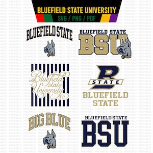 Puede incluir: Colección de logotipos de la Universidad Estatal de Bluefield en varios diseños. Incluye texto y un gráfico de bulldog. Los logotipos son en azul marino, dorado y blanco. El texto "BLUEFIELD STATE UNIVERSITY" está en la parte superior.