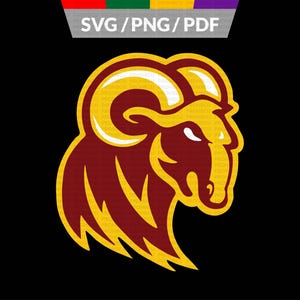 Puede incluir: Ilustración estilizada de una cabeza de carnero en granate y dorado sobre fondo negro. La cabeza del carnero está detallada con cuernos curvos y una expresión decidida, adecuada para equipos deportivos o logotipos.