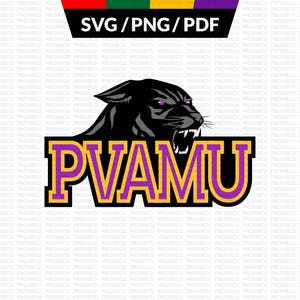 May include: A black panther graphic with purple eyes and open mouth is above the text "PVAMU" in gold and purple. The text "SVG/PNG/PDF" is in the top left corner with a red, green, and purple bar.