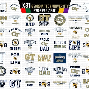 May include: A selection of Georgia Tech University designs in SVG, PNG, and PDF formats. The designs feature logos, text such as "Mum," "Dad," and class years, plus the Georgia Tech Yellow Jackets mascot.