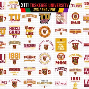 May include: A collection of Tuskegee University-themed designs. The images feature the university's logo, the words "Golden Tigers," and the year 1881. The designs are in various colors, including gold, maroon, and black. The text includes "Alumni," "HBCU," and "Class of 2024."