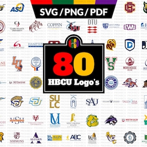 May include: A digital graphic featuring 80 HBCU logos in SVG, PNG, and PDF formats. The image includes logos from various historically black colleges and universities, with a central graphic that reads "80 HBCU Logo's".