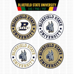 Puede incluir: Cuatro logotipos circulares para la Universidad Estatal de Bluefield. Los logotipos presentan el nombre de la universidad y una mascota de bulldog en varios diseños. La parte superior de la imagen incluye el texto "BLUEFIELD STATE UNIVERSITY SVG / PNG / PDF" en una pancarta.