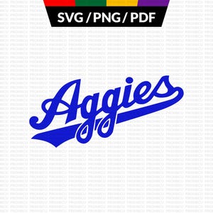 May include: A blue graphic of the word "Aggies" in a script font, with a stylized underline. Above the text is a banner with the words "SVG/PNG/PDF" and a color bar of red, black, green, yellow, and purple.