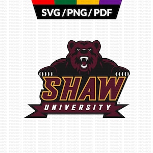 May include: A maroon bear graphic with an open mouth and sharp teeth, above the text "SHAW UNIVERSITY" in gold and maroon. The image also includes the text "SVG/PNG/PDF" in a black rectangle with colored stripes.