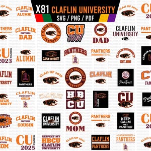 May include: A selection of 81 Claflin University designs in SVG, PNG, and PDF formats. The designs include the university name, the word "Panthers", and phrases such as "Mom", "Dad", and "Alumni". The colour scheme features orange, black, and white.