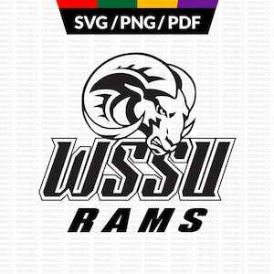 May include: Black and white graphic of a ram's head above the text "WSSU RAMS". The image also includes the text "SVG/PNG/PDF" at the top. The design is suitable for various applications.