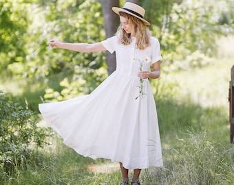 WHITE LINEN DRESS | Summer Dress, 1970s Wedding Dress, Minimalist Dress, Cottagecore Dresses, Collared Bridal Dress, Plus Size, Son de Flor