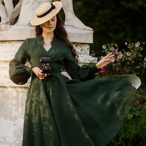 GROENE LINNEN JURK | Lentejurk moeder van de bruid, jurk bruiloftsgast, regentschapjurk met lange mouwen, Victoriaanse jurk, tuin, Darcy