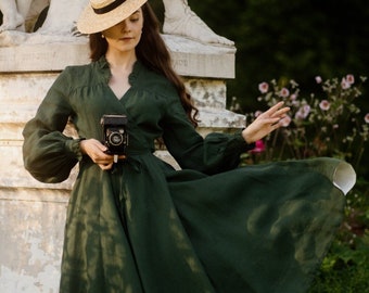 GREEN LINEN DRESS | Darcy Dress, Long Sleeve, Evergreen Dress, Victorian Dress, Shirinatra Limited Spring Collection, Son de Flor