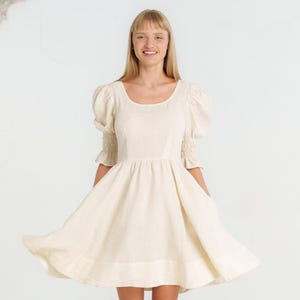 WHITE LINEN DRESS | Mini Bridal Dress, Linen Wedding Dress, Casual Wedding Dress, Puffed Sleeves Dress, White Linen, Wedding Dress
