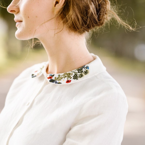 CHEMISE BRODÉE DE FLEURS | Haut en lin à col brodé, chemisier à manches longues, chemisier de style victorien, chemise en lin blanc, col Peter Pan