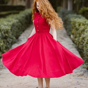 DRESS WITH POCKETS Linen Maxi Dress, Christmas Dress, Short Sleeves, Mid Century Modern, 50 Style, Classic Red, Sondeflor image 3