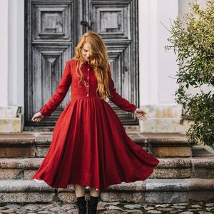 RED LINEN DRESS Mid Century Modern Dress, Cottagecore Dress, Linen Clothing, Victorian Dress, Long Sleeve Dress, Sondeflor Dress image 1