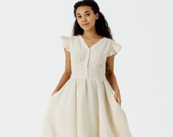 WHITE HEMP DRESS | Mid Century Modern, Modern 50s Dress, Ruffle Sleeve Dress, Spring Hemp Dress, Diane Dress, Summer Dress, Son De Flor