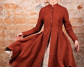 RED LINEN COAT | Terracotta Red Coat, Victorian Coat, Vintage Style Coat, Twill Linen Clothing, Vintage Inspired, Sondeflor