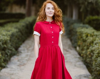 DRESS WITH POCKETS | Linen Maxi Dress, Christmas Dress, Short Sleeves, Mid Century Modern, 50 Style, Classic Red, Sondeflor