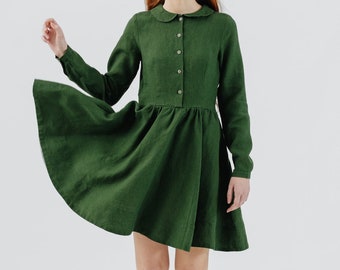 GREEN MINI DRESS | Linen Clothing, Shirtwaist Dress, Timeless Cottagecore Dress, Mid Century Modern Style, Linen  Son de Flor Dress