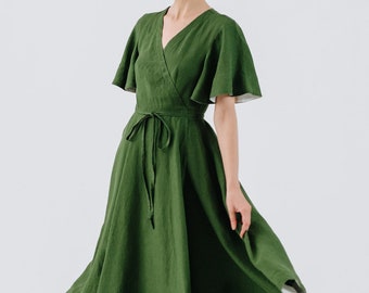 LINEN WRAP DRESS | Birthday Dress, Mid Century Modern Dress, Linen Dress, Butterfly Sleeve Dress, Cottagecore, Green Wrap Dress, Son de Flor