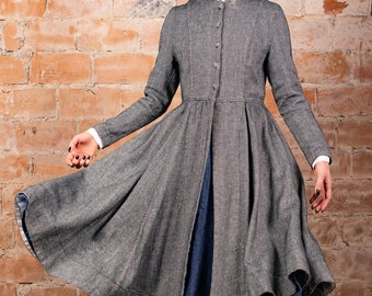 GREY LINEN COAT | Herringbone Coat, Victorian Coat, Vintage Style Coat, Twill Linen Clothing, Vintage Inspired, Sondeflor