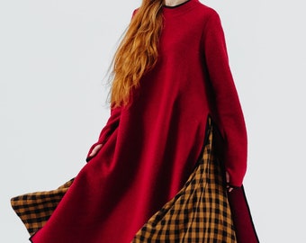 VESTIDO SUÉTER DE LANA / Vestido suéter de lana de amapola roja, vestido de doble abertura, vestido suéter de amapola roja de mujer, vestido suéter de invierno, Sondeflor