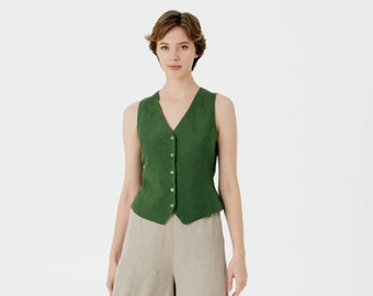 LINEN VEST WOMEN | Linen Waistcoat Women, Emerald Green Sleeveless Vest, Classic Women's Vest, Mid Century Modern, Classy Vest, Son de Flor
