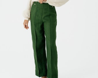 GREEN LINEN PANTS | Classy Linen Pants, Woman's Pants, Vintage Trousers, Straight-legged Linen Pants, Soft Linen Pants, Sondeflor