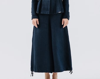 MIDI CHARLOTTE TROUSERS | Twill Linen, Night Navy, Wide Trousers For Women, Sondeflor