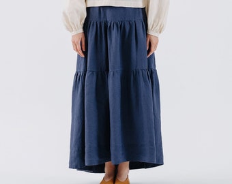 TIERED LINEN SKIRT | 1950's Midi Skirt, Long Skirt, Circle Skirt, Summer Skirt, Navy Blue Washed Linen, Spring Skirt, Cottagecore, Sondeflor