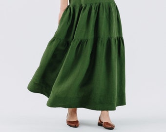 TIERED LINEN SKIRT | 1950's Midi Skirt, Long Skirt, Circle Skirt, Summer Skirt, Green Washed Linen, Spring Skirt, Cottagecore, Sondeflor