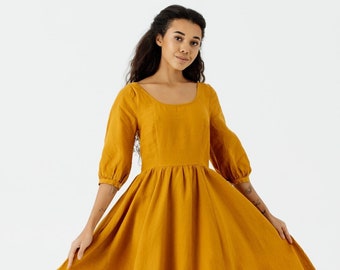 CARMEN DRESS | Marigold Linen Dress, Summer Linen Dress, Cottagecore Clothing, 3/4 Sleeve Dress, Unique Linen Dress, Sondeflor