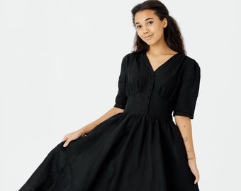 BLACK LINEN DRESS | Mid Century Modern, Modern 50s Dress, Puff Sleeve Dress, Spring Linen Dress, Diane Dress, Summer Dress, Son De Flor