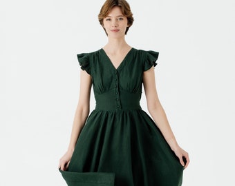 GREEN LINEN DRESS | Mid Century Modern, Modern 50s Dress, Ruffle Sleeve Dress, Spring Linen Dress, Diane Dress, Summer Dress, Son De Flor