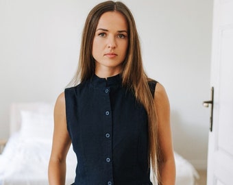 LINEN VEST WOMEN | Linen Waistcoat Women, Night Navy Sleeveless Vest, Vintage Women's Clothing, Mid Century Modern, Peplum Vest, Son de Flor